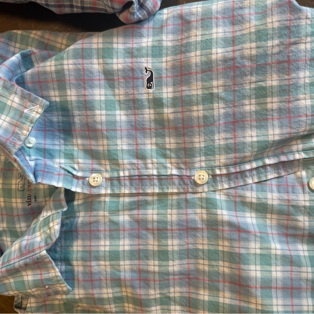 Vineyard Vines Men's Aqua and Pink Plaid Shirt